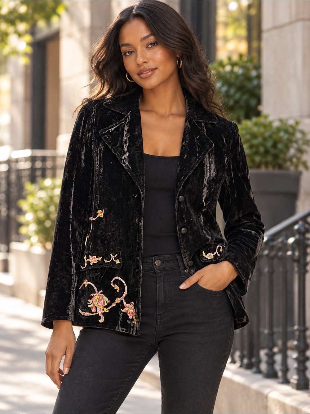 J. Jill Black Velvet Embroidered Blazer Jacket